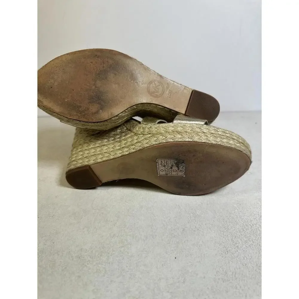 Michael Kors 10M Gold Leather Strappy Espadrille Wedge Sandals